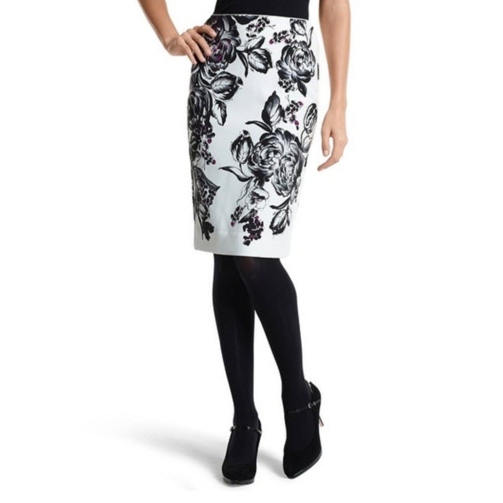 White House Black Market Floral Pencil Skirt Size 00 Black White Purple Slit